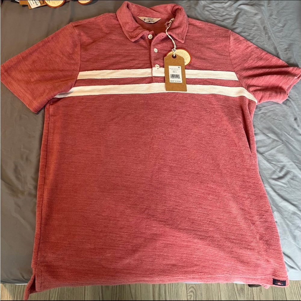 Faherty Cabana Towel Terry Surf Stripe Polo Shirt Large Red Short Sleeve